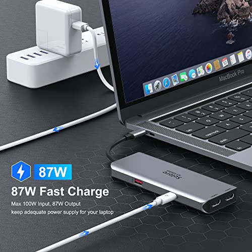 USB C Adapter HDMI Hub for MacBook Pro, Laptop Docking Station, 7 in 1 USB C Docking Station to Dual HDMI Displayport with 3 * 10Gbps USB Port, 100W PD Charging - color: Silver Grey