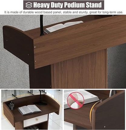 Wooden Standing Lectern with Open Storage and Spacious Drawer Laptop Desk and Conference Table Podium Stand