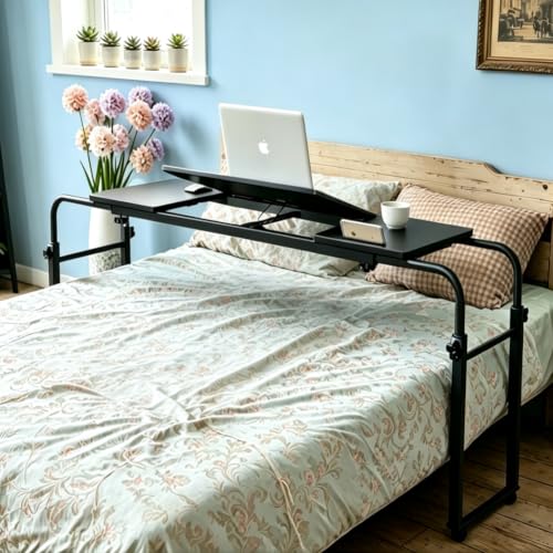 Overbed Bedside Table with Wheels Portable Rolling Laptop Desk Cart Computer Table Over The Bed Table Adjustable Height and Length with Tilt Stand Board for Bed Hospital Home and Office (Black-M) - color: Black-m