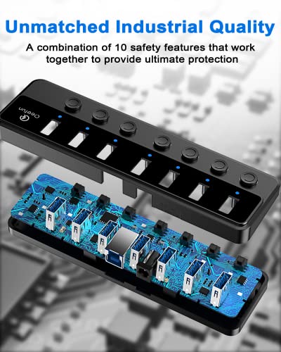 Qeefun Powered USB Hub, 7-Port USB 3.0 Data Extender with Individual LED On/Off Switches and 12V/2A Power Support Port, USB Splitter Expander for Laptop, Desktop PC, iMac and More - style: A to 7A