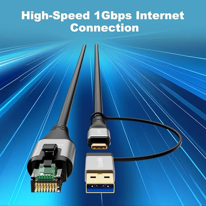 USB to Ethernet Cable 8 FT, USB-C & USB-A Port Two in One, USB C to RJ45 Network Cord, Gigabit, Directly Connected, Thunderbolt 4/3 Compatible with PCs, Laptops, Tablets, Smartphones- Not for Charging - size: 8 FT