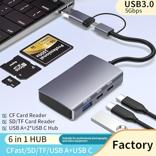 6-in-1 CF/SD/TF Card Reader with Dual USB-C Hub - USB 3.0 Card Reader Adapter for Computer/Android/Micro SD/, Memory Stick Pro Duo Adapter, 5Gbps High-Speed Data Transfer