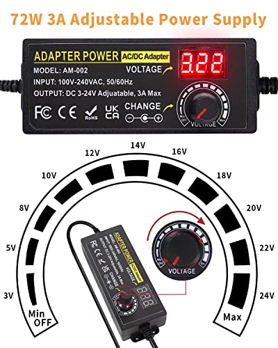 3V ~ 24V 3A 72W Power Supply Adjustable 3V 5V 6V 9V 12V 15V 16V 18V 19V 20V 24V Universal VariableAC/DC Adapter 100V-240V AC to DC Converter with 14 Tips for LED Strip Light Speaker Router - style: 3-24V 3A 72W