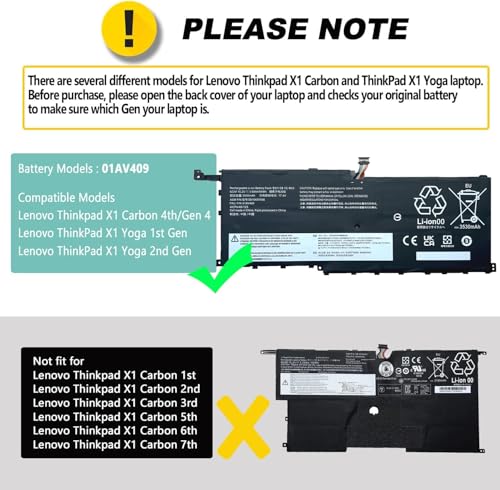 01AV409 00HW028 01AV457 01AV458 SB10F46466 01AV439 00HW029 SB10F46467 Laptop Battery for Lenovo Thinkpad X1 Carbon 4th Gen 4 2016 ThinkPad X1 Yoga Gen1 Gen2 Series Ezel CC315-72G-74LB - size: 10.00*3.15*0.31inch 01AV409