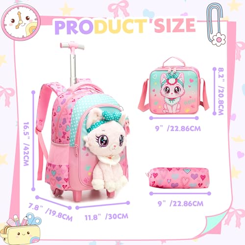Meetbelify Rolling Backpack for Girls Backpacks with Wheels for Elementary Student Kids School Travel Bag for Girls Ages 6-8 Years Old - color: Pink