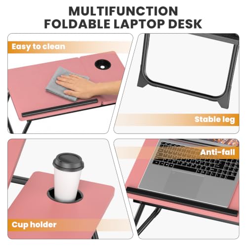 Laptop Bed Desk, 5-Angle Adjustable Bed Laptop Table with Cup Holder | Foldable Laptop Stand for Couch & Sofa, Portable Laptop Tray for Adults Writing Reading Eating, Pink - color: Pink