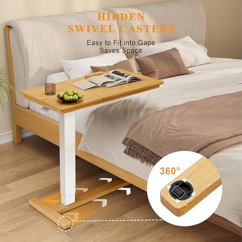 IUNVR Solid Wood Overbed Bedside Table with Hidden Casters, Adjustable Hospital Bed Table Rolling Laptop Desk with Split Dual Desktop & Pneumatic Gas Spring Lift for Hospital, Home Use (Natural)