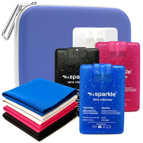 Sparkle Anti-Reflective Safe Square Lens Cleaner Spray Kit – 4 (20ml) Glasses Cleaner Spray with Microfiber Cloths & Travel Pouch for Eyeglasses, Lenses & Camera Cleaning Kit (9 Piece Set) - style: Blue | 1 Multipurpose Pouch + 4x0.68oz Lens Spray + 4 Clo