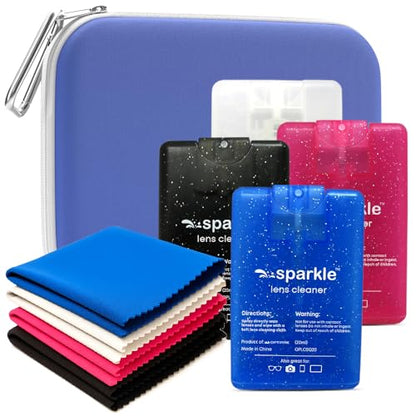 Sparkle Anti-Reflective Safe Square Lens Cleaner Spray Kit – 4 (20ml) Glasses Cleaner Spray with Microfiber Cloths & Travel Pouch for Eyeglasses, Lenses & Camera Cleaning Kit (9 Piece Set) - style: Blue | 1 Multipurpose Pouch + 4x0.68oz Lens Spray + 4 Clo