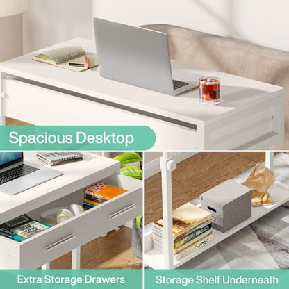 Tribesigns Portable Desk with Drawers, Mobile Laptop Desk with Wheels, Sofa Side Table Bed Desks, Small Standing Desk for Home Office (White) - color: White