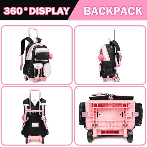 Meetbelify Backpack with Wheels for Girls Rolling Backpack Cute Carry on Backpack for Elementary Student - color: Black