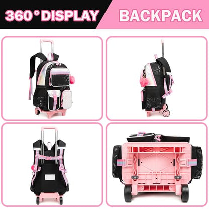 Meetbelify Backpack with Wheels for Girls Rolling Backpack Cute Carry on Backpack for Elementary Student - color: Black