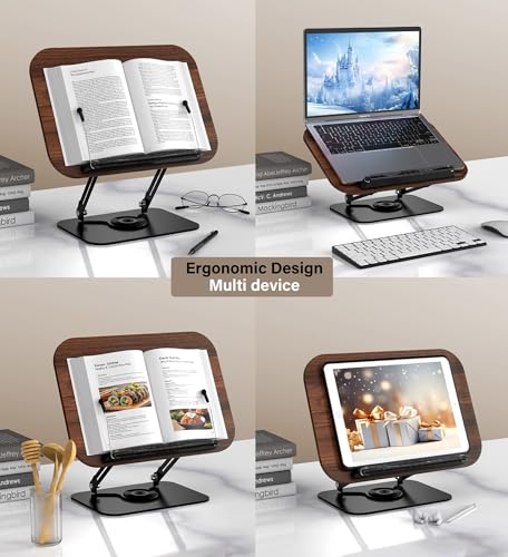 Adjustable Book Stand for Reading – Durable Build Quality, 360° Rotating Base, Stable Book Holder for Study, Kitchen, or Office, Relieves Neck Strain, (Dark Wood) - color: Dark Wood