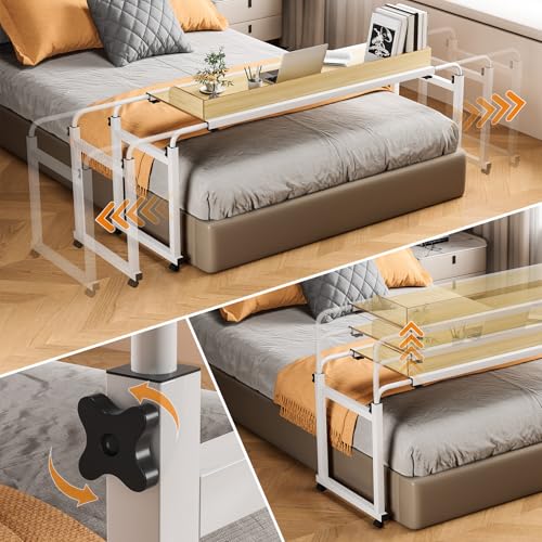 Adjustable Height Overbed Table, Rolling Overbed Bedside Desk with Raised Baffle and Spacious Desktop, Over BedTable with Wheels for Home Office Bedroom Hospital Use (Wooden Color1) - color: Wooden Color1