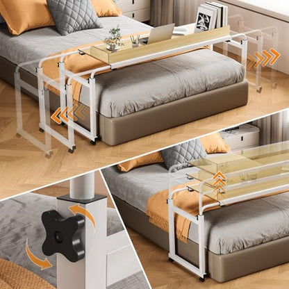 Adjustable Height Overbed Table, Rolling Overbed Bedside Desk with Raised Baffle and Spacious Desktop, Over BedTable with Wheels for Home Office Bedroom Hospital Use (Wooden Color1) - color: Wooden Color1
