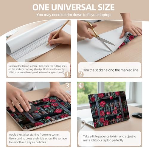 Universal Laptop Skin Sticker for 12/13/14/15.6 Inch Laptops, Reusable Vinyl Laptop Decal Cover, Waterproof Scratch Resistant Notebook Skin with 2 Wrist Pads,Red Roses Bookcase - color: Red Roses Bookcase