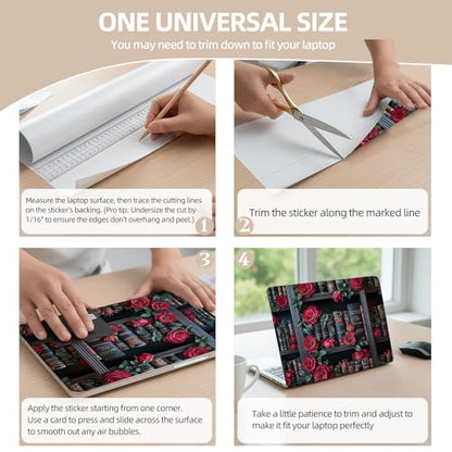 Universal Laptop Skin Sticker for 12/13/14/15.6 Inch Laptops, Reusable Vinyl Laptop Decal Cover, Waterproof Scratch Resistant Notebook Skin with 2 Wrist Pads,Red Roses Bookcase - color: Red Roses Bookcase