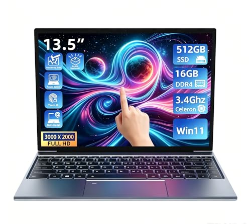 13.5inch Touchscreen Laptop with 16GB RAM, 512GB SSD, 3K (3000×2000) IPS, Celeron N95 Processor up to 3.4 GHz, Win 11，Backlit Keyboard, Fingerprint Unlocking - color: Gray, size: 13.5"