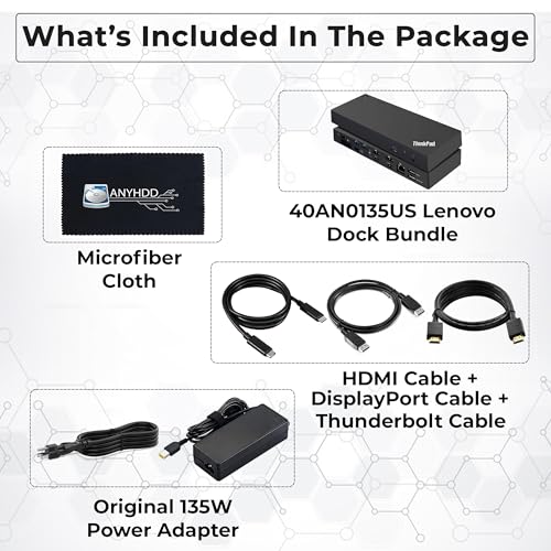Lenovo 40AN0135US Thunderbolt 3 Dock - Gen 2 Dual UHD 4K Display with 135W Power Adapter, Thinkpad Lenovo Docking Station Dual Monitor with HDMI, DisplayPort, Thunderbolt Cable, Cloth