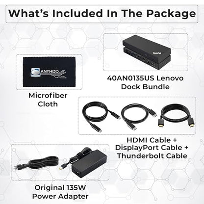 Lenovo 40AN0135US Thunderbolt 3 Dock - Gen 2 Dual UHD 4K Display with 135W Power Adapter, Thinkpad Lenovo Docking Station Dual Monitor with HDMI, DisplayPort, Thunderbolt Cable, Cloth