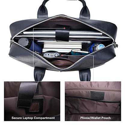 Polare Leather Briefcase for Men Business Travel Messenger Bags 15.6 Inch Laptop Bag YKK Metal Zipper - color: Napa Black(updated Version)