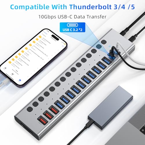 Powered USB Hub 10Gbps, 17 Ports USB 3.2 Hub, 96W Power Adapter | 10 USB-A 3.2, 3 QC 24W Fast Charging, 2 USB-C 3.2, SD/TF, 12V/8A Power Adapter for Laptop, PC, Computer, HDD, Flash Drive - color: Silver