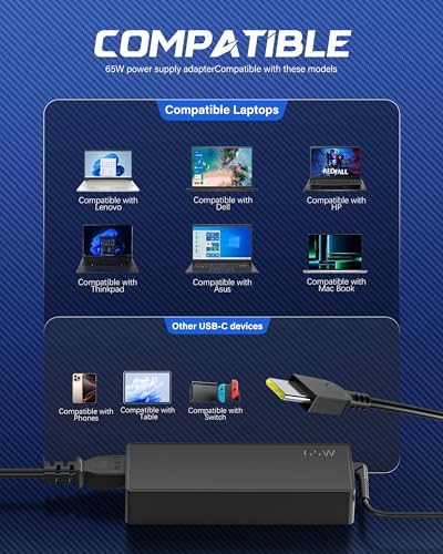 65W USB C Laptop Charger Compatible with Lenovo Laptop Charger ThinkPad T14 T15 E14 E15 X1 X13 E480 T480s T490 Yoga 7i 9i Thinkbook 65W 45W Computer Charger USB Type C AC Power Adapter