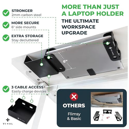 VI+AL Under Desk Laptop Mount - Hidden Metal Shelf with Side Storage - Installs with Tape & Screws - Fits Devices up to 1.7" Thick - Standard (No Hook or Cable Organizer) - style: Standard