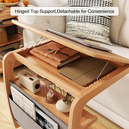 AQIMUELE Rolling Side Table, C Shaped End Table, C Table with 4 Wheels Solid Wood Small Rolling Desk with Adjustable Desktop,C Shaped End Table for Couch,Home Office(15.6" D x 23.6" W x 24.3" H) - color: Natural, size: 15.6"D x 23.6"W x 24.8"H, style: Mod