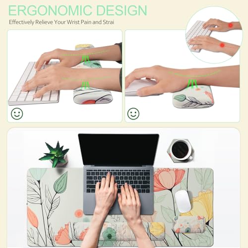 Petmolico 4-in-1 Wrist Rest Set with Desk Pad, Light Brown Big Flower | Non-slip PU base, soft Lycra & memory foam, ergonomic pain relief, great for home/office - color: Green