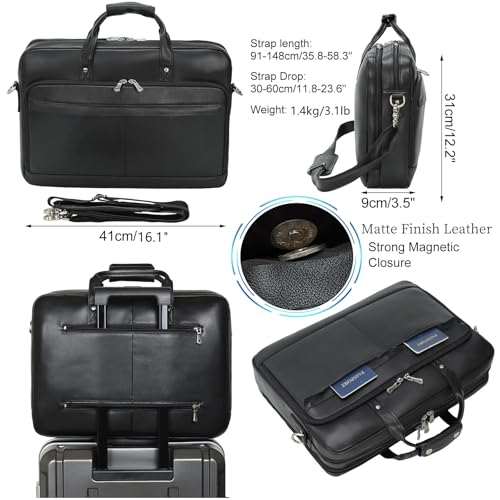 Masa Kawa Leather Briefcase for Men 15.6" 17" Laptop Business Messenger Bag | Computer Sleeve, Travel Luggage Strap, Professional Office Work Lawyer Crossbody Shoulder Attache Case - color: Black - Fits 15.6 Inch Laptop