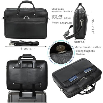 Masa Kawa Leather Briefcase for Men 15.6" 17" Laptop Business Messenger Bag | Computer Sleeve, Travel Luggage Strap, Professional Office Work Lawyer Crossbody Shoulder Attache Case - color: Black - Fits 15.6 Inch Laptop