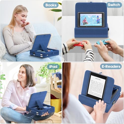 KDD Tablet Pillow Stand with Storage, Foldable iPad Holder for Lap, Desk and Bed, Angle Adjustable Soft Pad Dock with Stylus Mount Compatible with iPad Pro, Air, mini, Book, Phone and Tablet (4-13") - color: Dark Blue