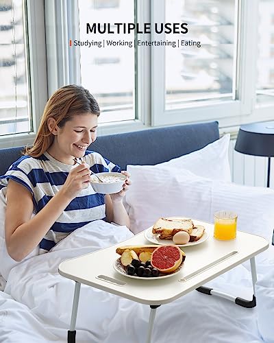 FISYOD Foldable Laptop Table, Portable Lap Desk Bed Table Tray, Laptop Stand with Cup Holder & Tablet Slot & Lifting Handle for Working Writing Drawing & Eating (White) - color: White