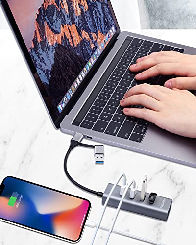 TWOPAN 4-Port USB 3.0 Hub for Laptop, Aluminum Alloy, USB-A & USB-C Plugs, 5Gbps Data Transfer, Compatible with MacBook Pro/Air, iMac, iPhone 16/15, Desktops, Tablets, Keyboard, Mouse, Mobile HDD - color: Grey AC