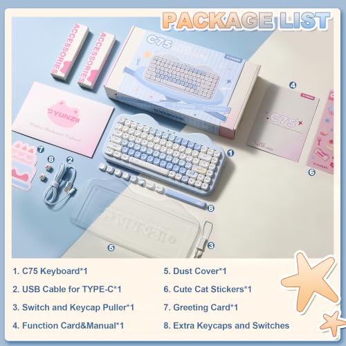YUNZII C75 Cute 75% Wireless Mechanical Keyboard (Blue, Candy Switch) | Creamy Cake Keyboard, BT5.0/2.4G/USB-C, Hot-Swap, NKRO, PBT MOA Keycaps,5500mAh RGB Gasket Mount for Mac/Win/Gaming/Office - color: Blue, size: Candy Switch