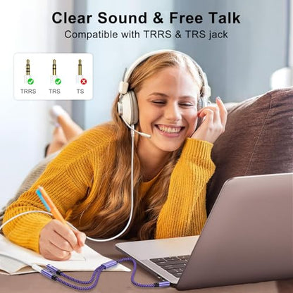 Headphone Splitter Cable 3.5mm Male to 3.5mm Female Headphone & 3.5 mm Microphone Jack Adapter Audio Stereo Y Splitters Adapter HiFi Sound Aux Extension Cable for Earphone Phone PS5 PS4 Switch Tablets - color: purple