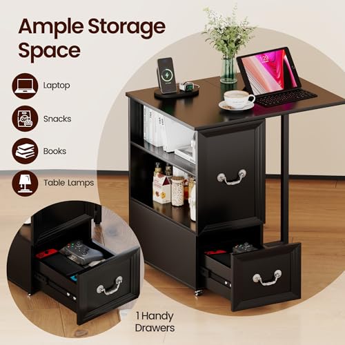 Lareth Rolling Side Table with Wheels, Led Lights & Charging Station | Foldable Desktop Narrow End Table, 1 Drawer, 2 Bookshleves, 27.56"H Tall Nightstand for Small Space, Living Room, Black - color: B Black