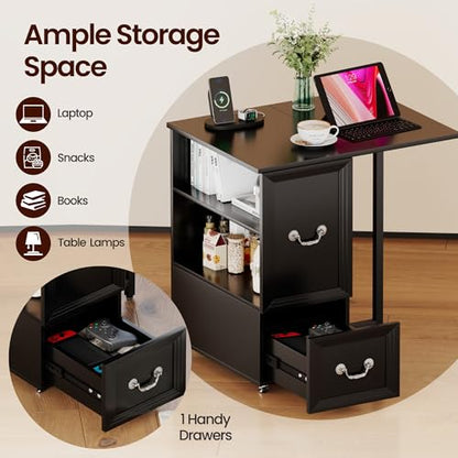 Lareth Rolling Side Table with Wheels, Led Lights & Charging Station | Foldable Desktop Narrow End Table, 1 Drawer, 2 Bookshleves, 27.56"H Tall Nightstand for Small Space, Living Room, Black - color: B Black