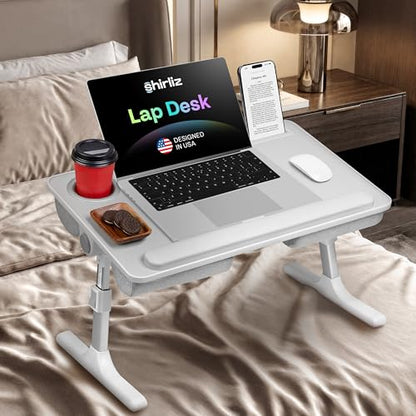 Lap Desk with Legs & Cushions: 2-in-1 Foldable Bed Desk for Adults - One-Touch Height Adjustment, Bed Table Tray Hold: up to 15.6“ Laptop, Mouse Cup Phone - Laptop Stand Desks for Bed (Gray) - color: Gray