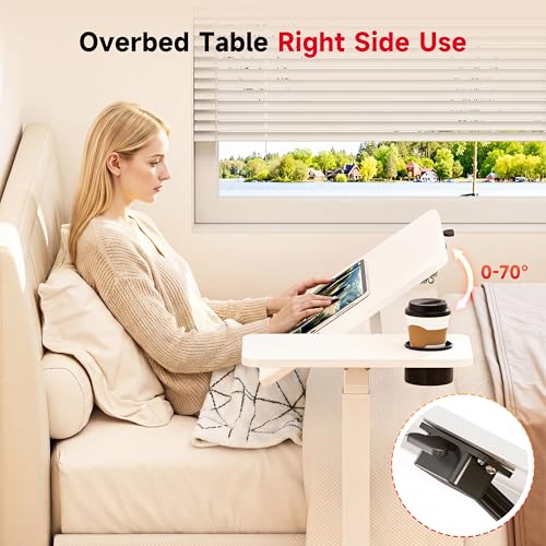 Okin Overbed Bedside Table with Wheels, Adjustable Medical Tilt Top Hospital Bed Table Over The Bed, Rolling Desk Mobile Standing Desk for Hospital Home Use (White) - color: White