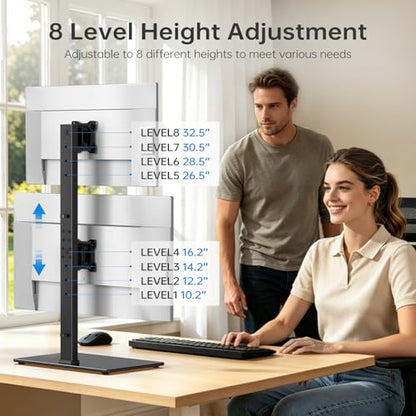 Vertical Dual Monitor Stand for 13-32 Inch Monitors, No Clamp, Freestanding | Supports 44 lbs/Arm | Tempered Glass Base | ±25° Swivel | -5° to +10° Tilt | 8 Height Options | VESA 75×75/100×100 mm - size: Dual Monitor Stand