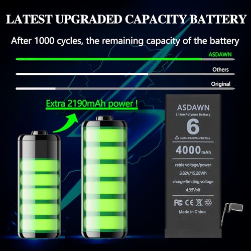 ASDAWN 4000mAh Battery for iPhone 6 (Not for 6s/ 6 Plus/ 6s Plus), Upgraded Higher Capacity iPhone 6 Battery Replacement for A1549 A1586 A1589 A1522 A1524 A1593 with Professional Tools - size: 6, 4000mAh, style: 6