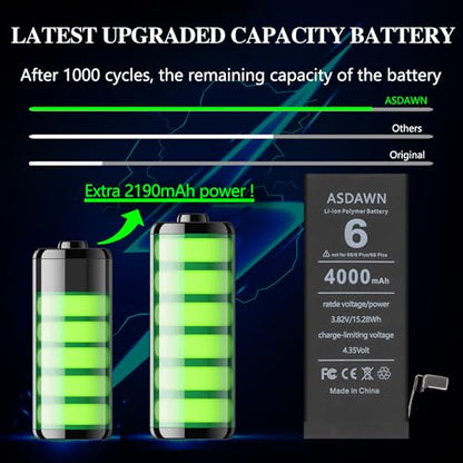 ASDAWN 4000mAh Battery for iPhone 6 (Not for 6s/ 6 Plus/ 6s Plus), Upgraded Higher Capacity iPhone 6 Battery Replacement for A1549 A1586 A1589 A1522 A1524 A1593 with Professional Tools - size: 6, 4000mAh, style: 6