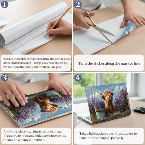 Universal Laptop Skin Sticker Decal,15.6 Inch Laptop Vinyl Cover for 13" 14" 15.6" Laptop,Scratch-Resistant Waterproof Protector Wrap,Reusable with Wrist Pads,Highland Cow in Lavender Field - color: Highland Cow in Lavender Field