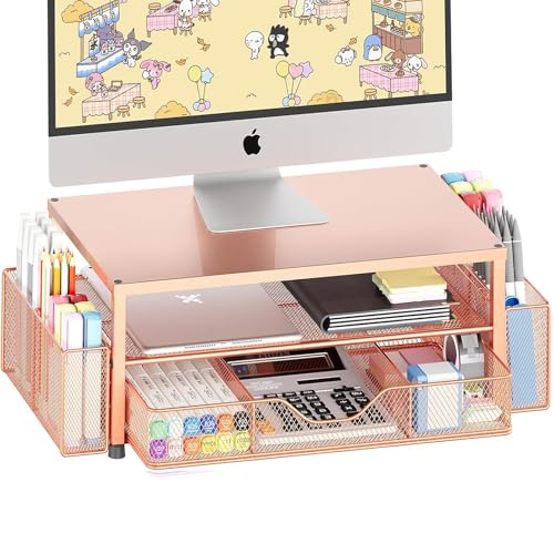 OPNICE Desk Organizer and Accessories, 2-Tier Computer Monitor Stand Riser with Drawer and 2 Pen Holders, Laptop Stand, Office Desk Accessories for Office Supplies, 1 Pack, Rose Gold - color: Rose Gold 1-Pack, size: Single