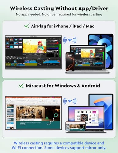 ZSCMALLS 23.8 Inch Wireless Portable Monitor with Built‑in Battery, 1080P FHD IPS Display, AirPlay & Miracast Screen Casting, No App Needed, USB‑C DP Alt Mode & HDMI, VESA - size: 23.8"