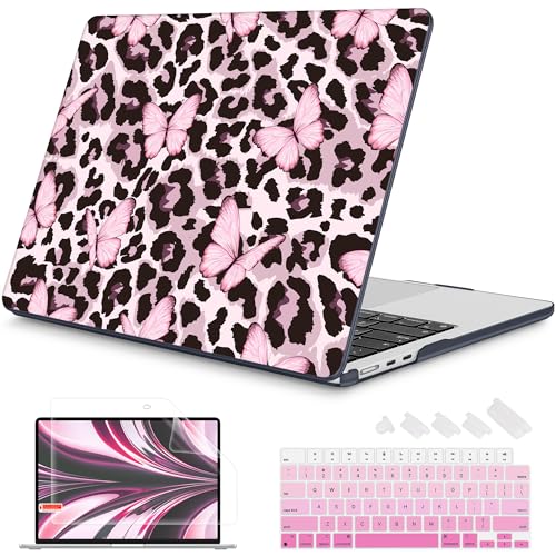 Mektron for 2026/2025/2024/2023 MacBook Air 15 INCH M5 A3448 /M4 A3241 /M3 A3114 /M2 A2941 Case, Printed Plastic Hard Shell Cover with 15.3" Liquid Retina Display Touch ID, Leopard Pink Butterfly - color: Leopard Pink Butterfly