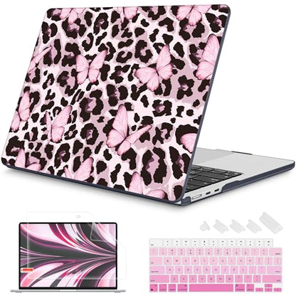 Mektron for 2026/2025/2024/2023 MacBook Air 15 INCH M5 A3448 /M4 A3241 /M3 A3114 /M2 A2941 Case, Printed Plastic Hard Shell Cover with 15.3" Liquid Retina Display Touch ID, Leopard Pink Butterfly - color: Leopard Pink Butterfly