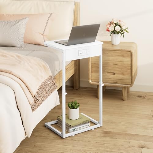 C Shaped End Table with Charging Station, Adjustable Height Side Table for Couch, Small End Table Small Spaces, 33.2'' Tall Couch Tables that Slide Under, Tv Tray Table for Living Room, White - color: White (1 Pack), style: With Plug